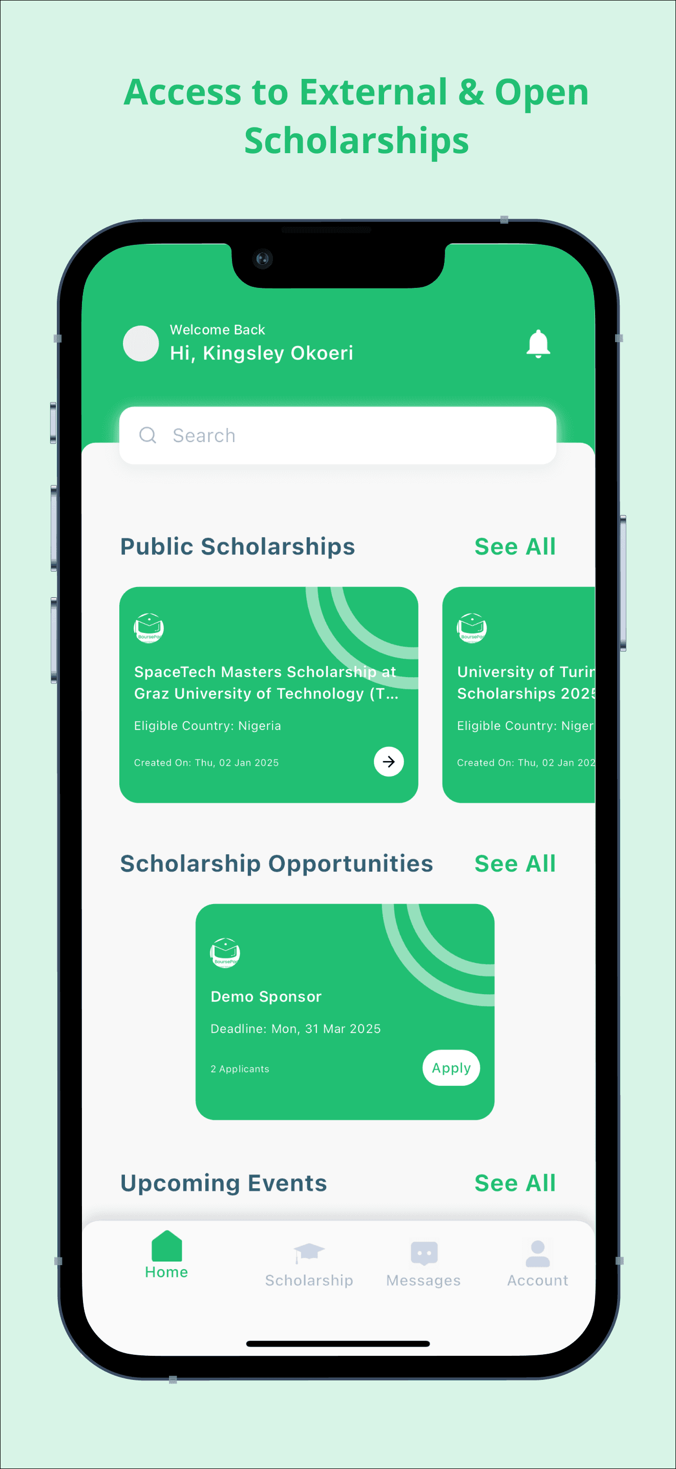 BoursePad app showing open scholarship opportunities
