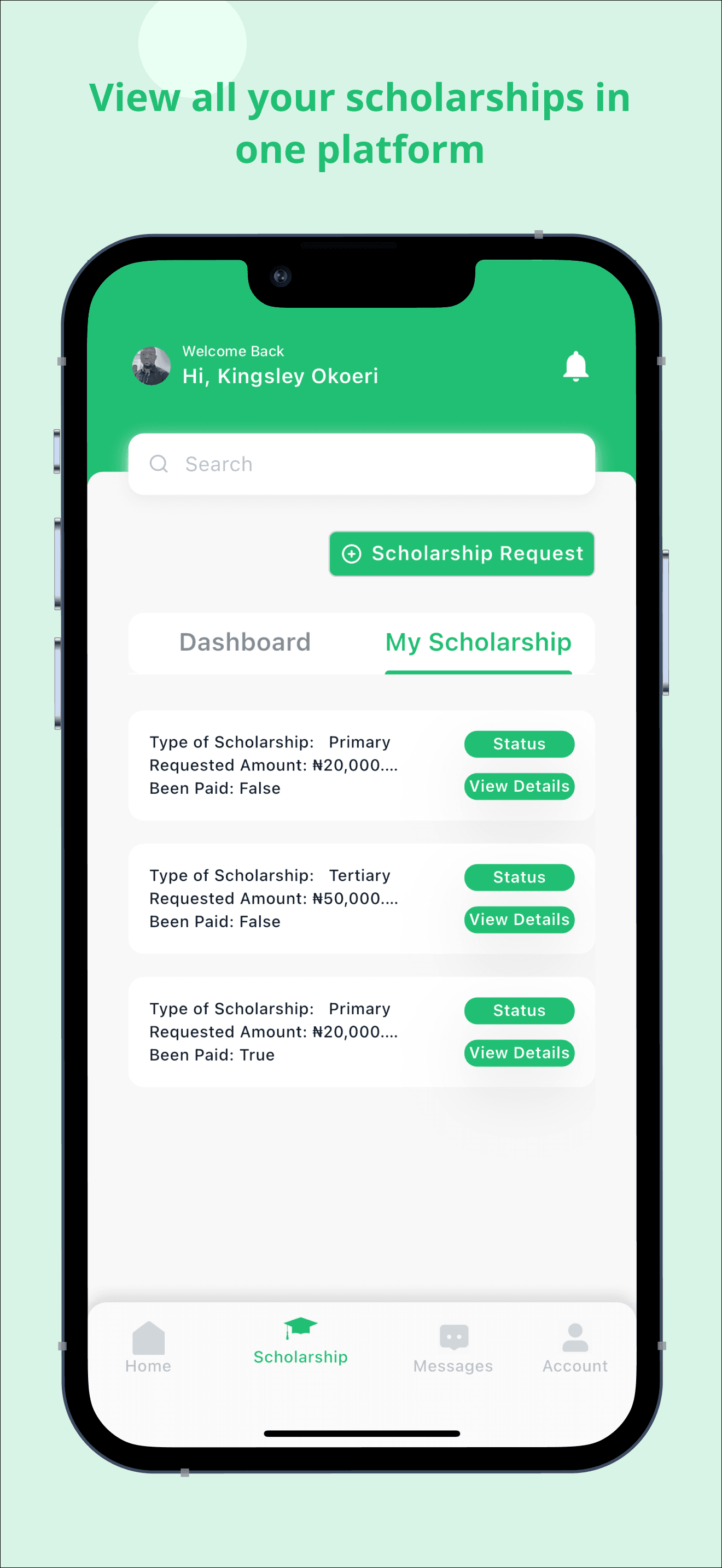 BoursePad app screen showing scholarships in one platform