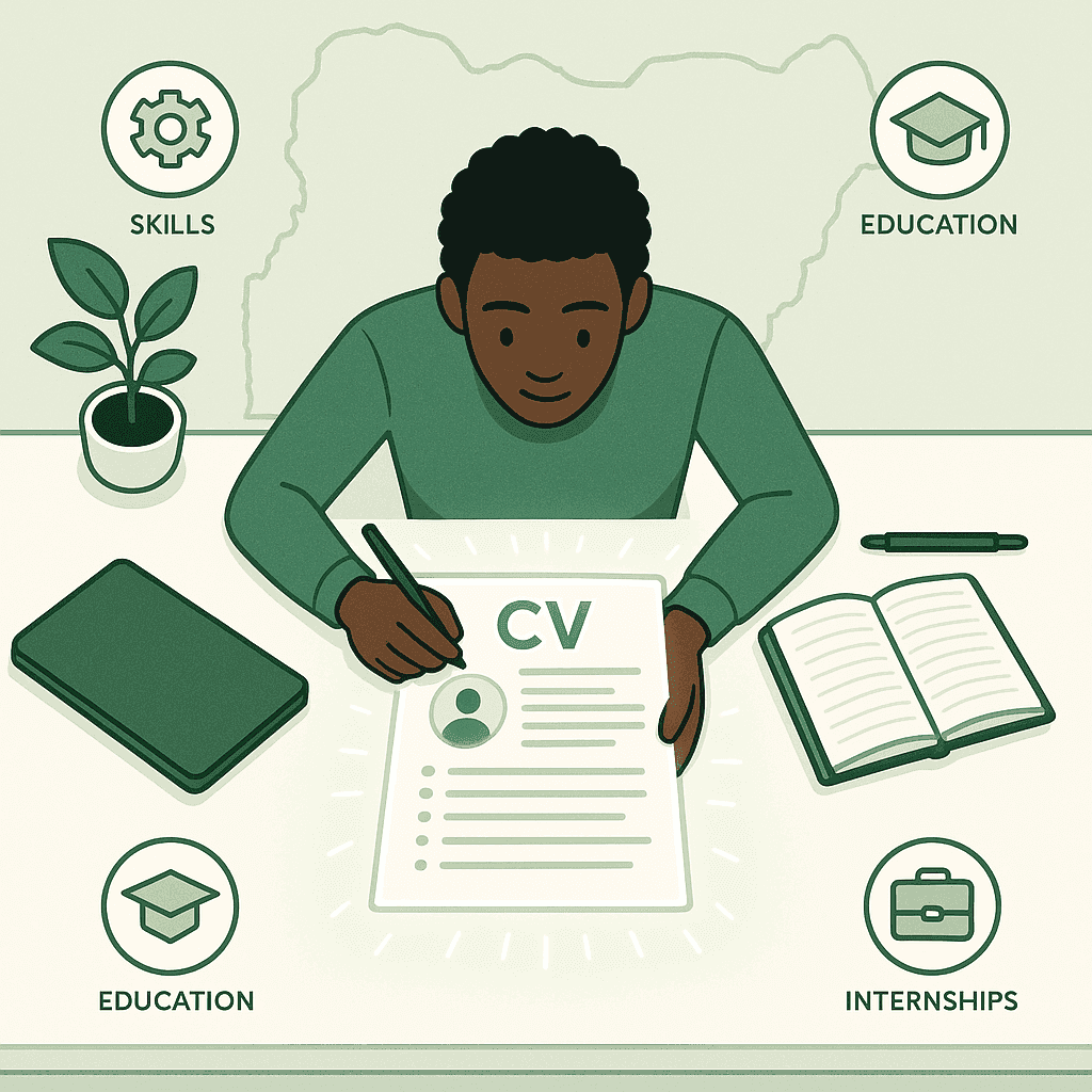Illustration of a student preparing a CV with education, skills, and internship symbols