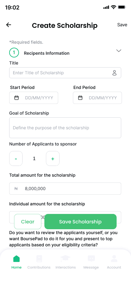 BoursePad app screen for creating a scholarship